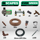 Dripline Kit: dripline, ldpe, tap timer, lock female adaptor, pegs, soil staple, 2-way manifold, barbed coupler, barbed elbow, barbed stop end, barbed tee 