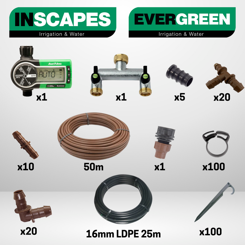 Dripline Kit: dripline, ldpe, tap timer, lock female adaptor, pegs, soil staple, 2-way manifold, barbed coupler, barbed elbow, barbed stop end, barbed tee 
