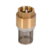 Brass fitting with a mesh filter on a white background