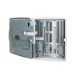 Electrical panel with various components on a white background