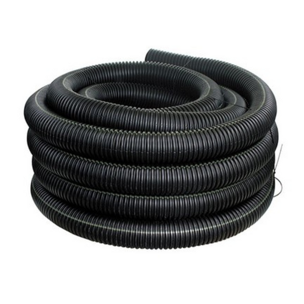 Unperforated Land Drainage Coil, designed for managing water flow in land drainage systems where water must be diverted or contained. This coil is ideal for areas requiring soil stabilization or water redirection without allowing water infiltration into the pipe. Image highlights the durable, flexible construction of the coil, making it easy to install and perfect for creating efficient drainage solutions in agricultural, landscaping, and construction projects