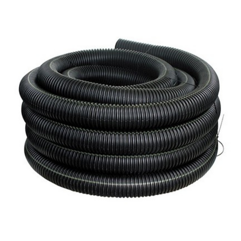 Unperforated Land Drainage Coil, designed for managing water flow in land drainage systems where water must be diverted or contained. This coil is ideal for areas requiring soil stabilization or water redirection without allowing water infiltration into the pipe. Image highlights the durable, flexible construction of the coil, making it easy to install and perfect for creating efficient drainage solutions in agricultural, landscaping, and construction projects