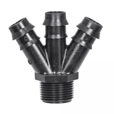 Barbed Y (2-way or 3-way), a connector designed to split or combine hoses or tubing in irrigation systems. Featuring barbed ends for a secure, leak-proof fit, it provides flexible options for directing water flow and ensuring efficient distribution in various irrigation setups