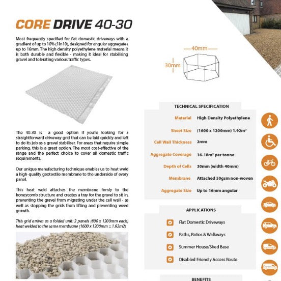 Driveway gravel grid 40-30, designed to reinforce and stabilize gravel driveways. The grid structure provides support to prevent gravel displacement and rutting, ensuring a durable and even surface for vehicle traffic