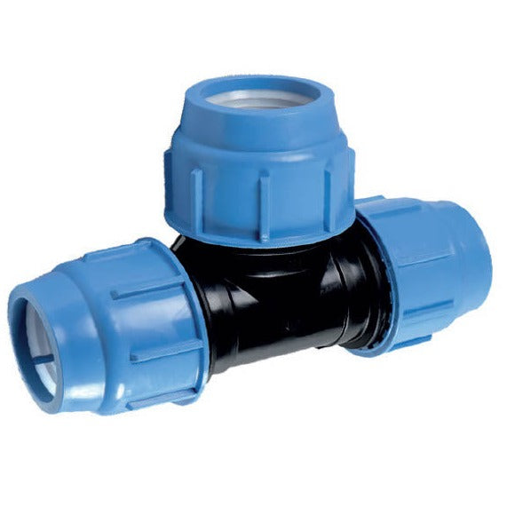 Equal Tees designed to connect three sections of pipe, with all outlets of the same size, ensuring equal flow distribution in irrigation systems. These fittings provide a secure, leak-free connection for seamless water flow management. Image highlights the robust construction, with clear entry and exit points for easy installation and compatibility with various pipe systems