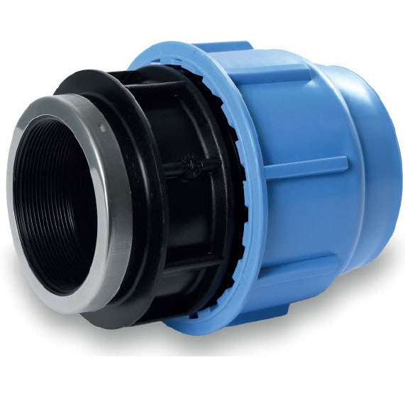Female Adaptors designed for securely connecting pipes or fittings of different materials and sizes in irrigation systems. These adaptors feature internal threads that allow for a tight, leak-free connection. Image highlights the durable construction, with clear threading details for easy installation and compatibility across various systems