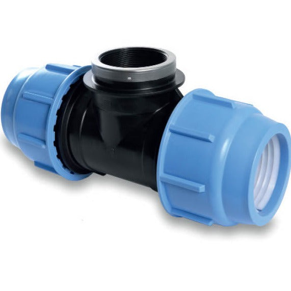 Female Tees designed to connect three sections of pipe, with one female-threaded outlet for secure connection to male fittings. Ideal for irrigation systems, these fittings provide reliable, leak-free transitions between different pipe sizes and directions. Image highlights the durable construction and clear threading for easy installation and compatibility with various systems