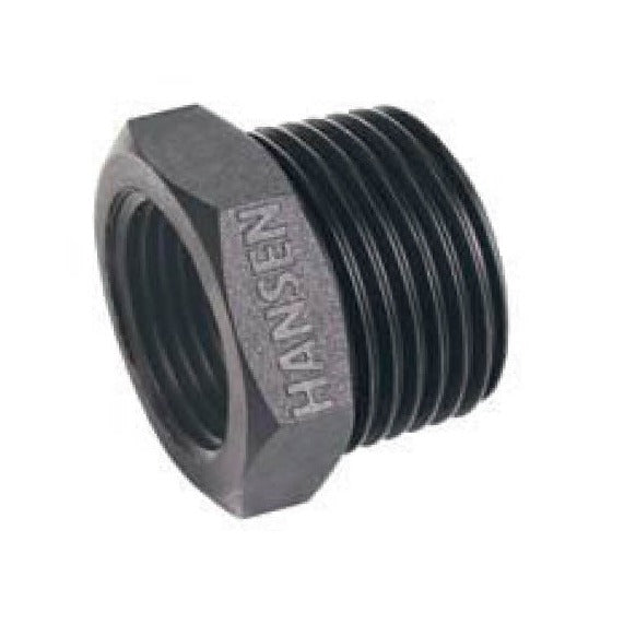 Hansen reducing bush, designed to connect pipes or fittings of different sizes in irrigation systems. Made from durable, corrosion-resistant materials, it provides a secure, leak-free transition between two different diameters for efficient water flow