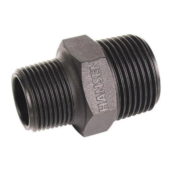 Hansen reducing nipple, designed to connect pipes of different diameters in irrigation systems. Made from durable, corrosion-resistant materials, it ensures a secure, leak-free transition between two threaded pipe sizes for efficient water flow