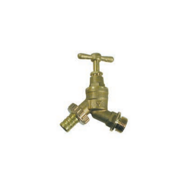 Hose union bib tap with double check valve, designed for secure water connection and backflow prevention in irrigation systems. The double check valve ensures that water flows in one direction only, preventing contamination while the hose union allows for easy connection and disconnection