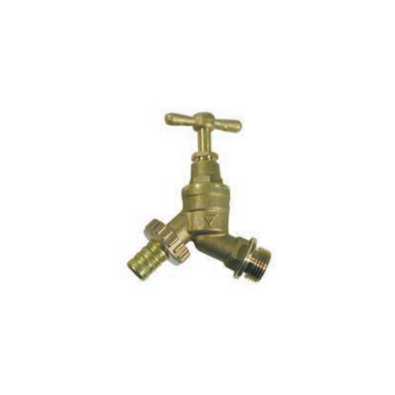 Hose union bib tap with double check valve, designed for secure water connection and backflow prevention in irrigation systems. The double check valve ensures that water flows in one direction only, preventing contamination while the hose union allows for easy connection and disconnection