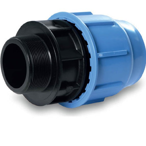 Male Adaptors designed for connecting two different types of pipes or fittings, ensuring a secure and leak-free connection. Ideal for irrigation systems, these adaptors provide a smooth transition between various pipe materials and sizes. Image highlights the durable construction with clearly marked threading for easy installation and compatibility with multiple systems