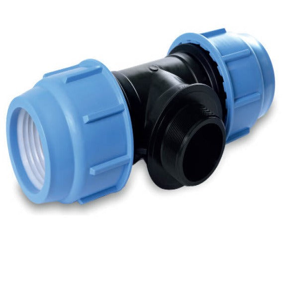 Male Tees designed to connect three sections of pipe, with one male-threaded outlet for secure connection to female fittings. Ideal for irrigation systems, these fittings provide reliable, leak-free transitions between different pipe sizes and directions. Image highlights the durable construction and clear threading for easy installation and compatibility with various systems