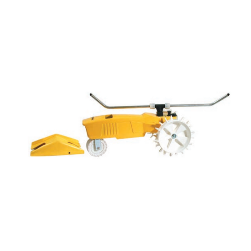 RAIN TRAIN travelling sprinkler, designed for efficient and automated irrigation of large areas. The durable, self-propelled sprinkler moves along a hose, delivering even water distribution across lawns, gardens, and fields