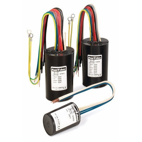 Rain Bird Decoders & Accessories, designed to enhance the efficiency and control of advanced irrigation systems. These decoders provide reliable communication for multi-zone management using 2-wire technology, ensuring precise irrigation scheduling. Image showcases a range of decoders and essential accessories, including wiring kits and connectors, all built for durability and seamless integration into professional irrigation setups