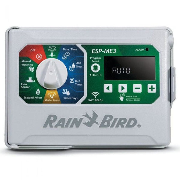 Rain Bird ESP-Me3 Controller, a smart and efficient irrigation management system designed for residential and light commercial applications. Featuring advanced water-saving technology, this controller offers customizable scheduling, Wi-Fi connectivity, and integration with various Rain Bird components. Image highlights the intuitive interface, easy setup, and compatibility with mobile devices, making it a reliable solution for efficient, automated watering