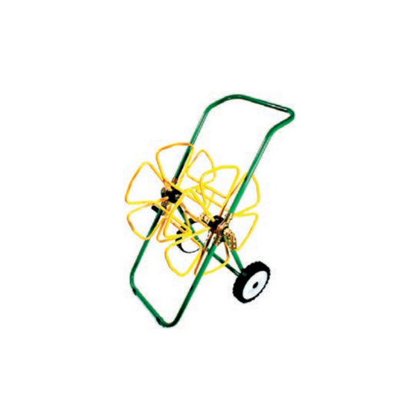 Steel hose trolley, designed for easy storage and mobility of hoses in irrigation systems. Made from durable, corrosion-resistant steel, it features sturdy wheels for effortless transport, keeping hoses organized and tangle-free
